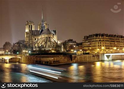 night panoramic view of Cite island with cathedral Notre Dame de Paris