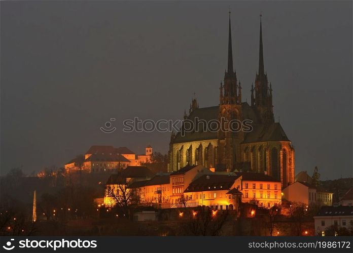 Night Photography. Petrov - St. Peters and Paul church in Brno city.Urban old architecture. Central Europe Czech Republic.