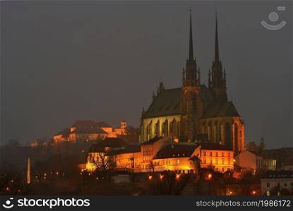 Night Photography. Petrov - St. Peters and Paul church in Brno city.Urban old architecture. Central Europe Czech Republic.