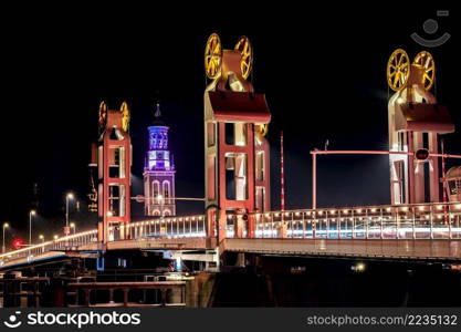 Night pictures of the Historical City of K&en, Overijssel, Netherlands by Night. River Bridge in the Historical City of K&en, Overijssel, Netherlands by Night