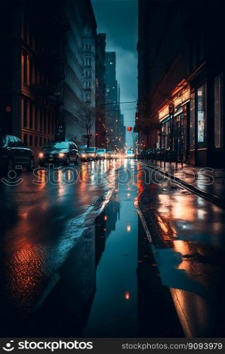 Night rainy city road streets. Ge≠rative AI. High quality illustration. Night rainy city road streets. Ge≠rative AI
