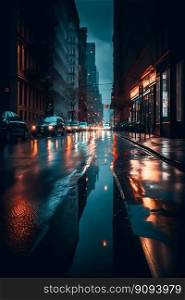 Night rainy city road streets. Ge≠rative AI. High quality illustration. Night rainy city road streets. Ge≠rative AI