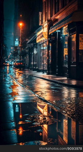 Night rainy city road streets. Generative AI. High quality illustration. Night rainy city road streets. Generative AI