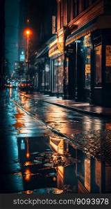 Night rainy city road streets. Generative AI. High quality illustration. Night rainy city road streets. Generative AI