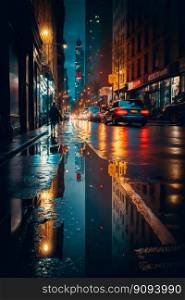 Night rainy city road streets. Generative AI. High quality illustration. Night rainy city road streets. Generative AI