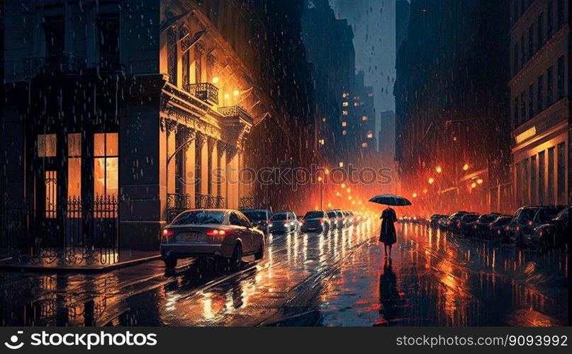 Night rainy city road streets. Generative AI. High quality illustration. Night rainy city road streets. Generative AI