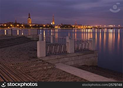 Night Riga cityscape. Latvia