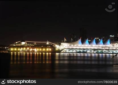 Night scene of downtown Vancouver, BC Canada. View from Stanley Park