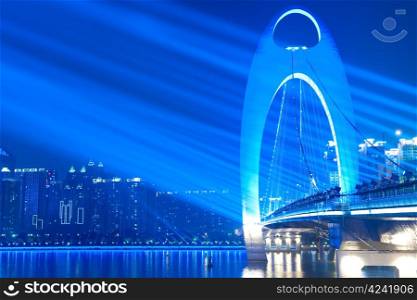 Night scene of Liede bridge with brilliant spot light in Guangzhou city of China