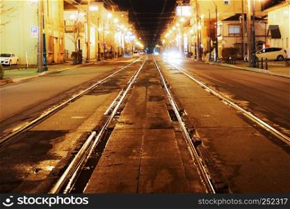 night scene of rail track street modern city