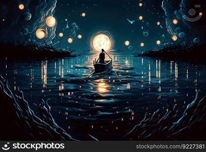 Night scenery of a man rowing a boat among many glow illustration. AI generative.