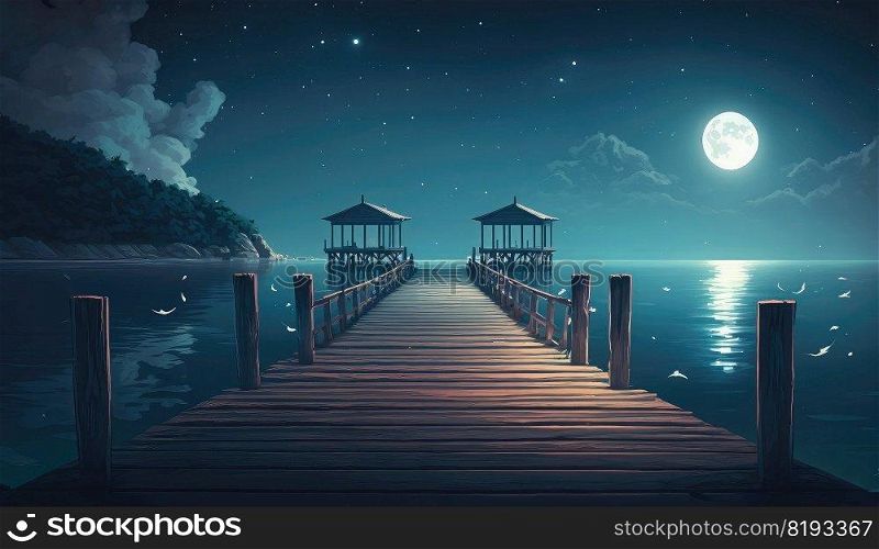night sea front view terrace. sky ocean, vacation wooden, illustration landscape, water light, balcony travel night sea front view terrace ai generated illustration. night sea front view terrace ai generated