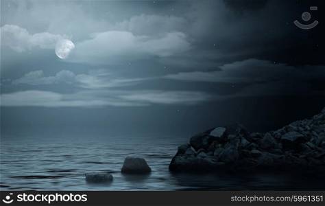 Night sea under cloudy sky