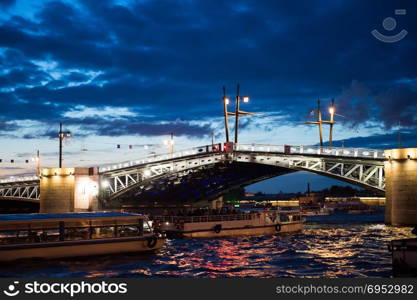 Night shooting in the city of St. Petersburg, process of cultivation of bridges, a view from the motor ship.