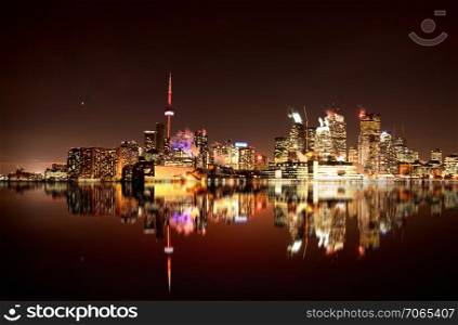 Night Shot Toronto skyline in Ontario Canada