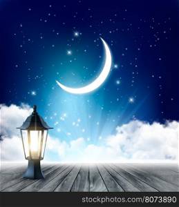 Night Sky Background With Crescent Moon And Ramadan Lamp. Vector.