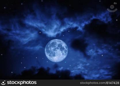Night sky with clouds stars and full moon