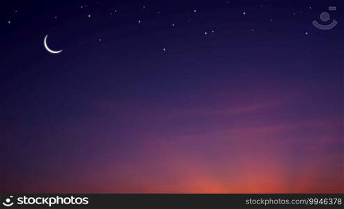 Night Sky with Crescent Moon and stars on Dark twilight sky background in widescreen view