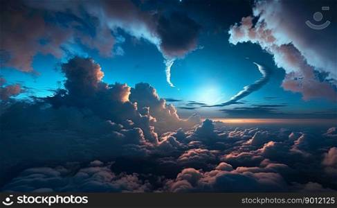 Night sky with dramatic clouds, sunset or sunrise light in the horizon. Generative AI.