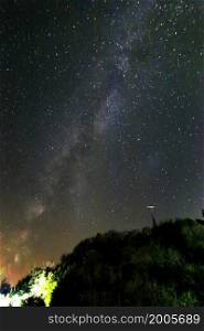Night sky with stars and milky way over hill. Vertical view