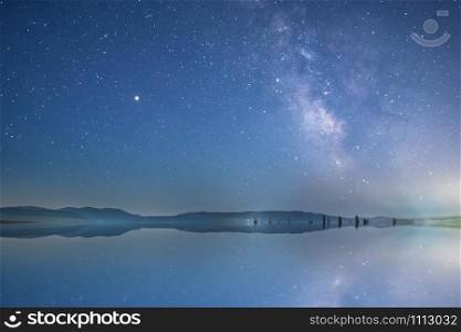 Night sky with stars and milkyway in pond reflection.