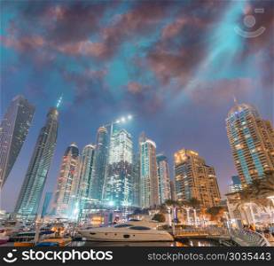 Night skyline of Dubai Marina - UAE. Night skyline of Dubai Marina - UAE.