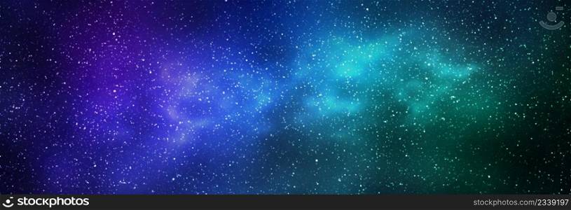 Night starry sky and bright blue green galaxy, horizontal background banner. 3d illustration of milky way and universe. Night starry sky and bright blue green galaxy, horizontal background banner