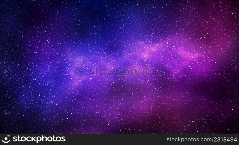 Night starry sky and bright purple blue galaxy, horizontal background. 3d illustration of milky way and universe. Night starry sky and bright purple blue galaxy, horizontal background