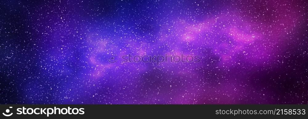 Night starry sky and bright purple blue galaxy, horizontal background banner. 3d illustration of milky way and universe. Night starry sky and bright purple blue galaxy, horizontal background banner