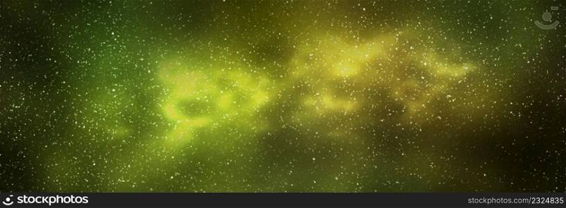 Night starry sky and bright yellow galaxy, horizontal background banner. 3d illustration of milky way and universe. Night starry sky and bright yellow galaxy, horizontal background banner