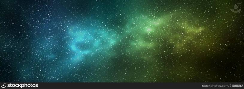 Night starry sky and bright yellow green galaxy, horizontal background banner. 3d illustration of milky way and universe. Night starry sky and bright yellow green galaxy, horizontal background banner