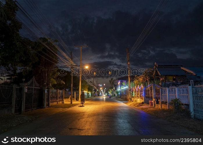 Night Street at Tha Rae Village Sakon Nakhon, Thailand in the Christmas season