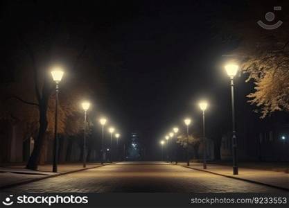 Night street light. Dark asphalt empty. Generate Ai. Night street light. Generate Ai