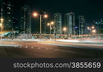 Night Streets Of Dubai Marina Time Lapse. HD Video.