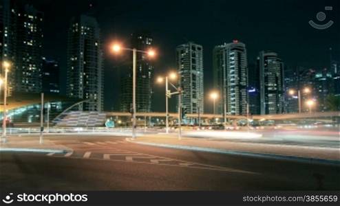 Night Streets Of Dubai Marina Time Lapse. HD Video.