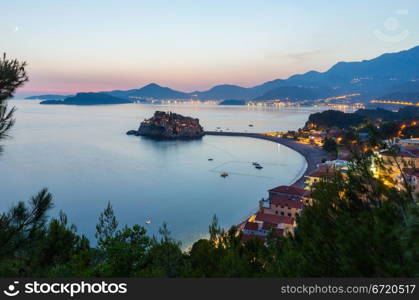 Night Sveti Stefan sea islet view from up (Montenegro, 6 kilometres southeast of Budva)