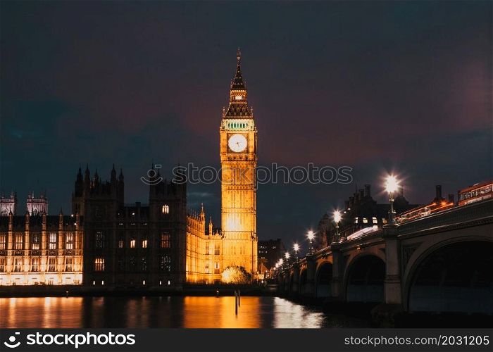 night time in London Big Ben and Westminster palace