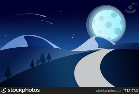 Night time nature landscape with full moon , 3D rendering