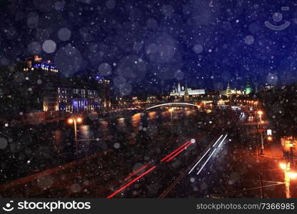 Night traffic in winter city