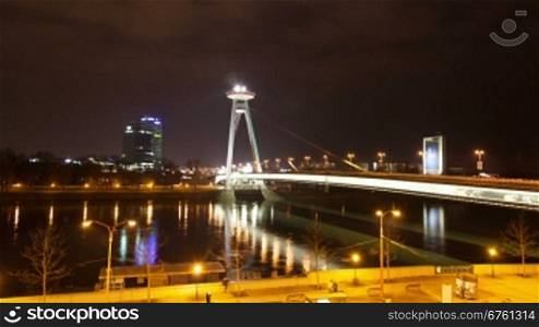 Night traffic on the bridge across the Dunai in Bratislava, Slovakia
