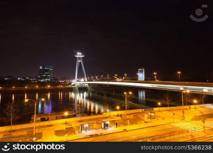 Night traffic on the bridge across the Dunai in Bratislava, Slovakia&#xA;