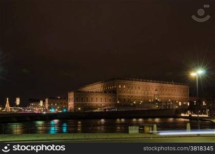 Night view at Christmas time by the Royal Palace in Stockholm, the capital of Sweden. The palace is one of the most famous landmarks in Stockholm. Photo is taken on 30 November 2014 at City of Stockholm, Sweden.