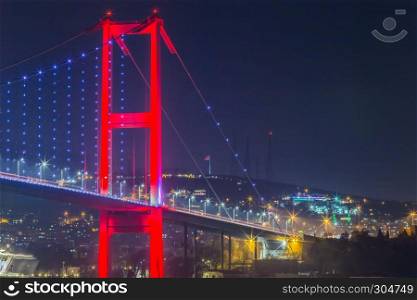 Night view of 15 July Martyrs Bridge or unofficially Bosphorus Bridge also called First Bridge over bosphorus in Istanbul,Turkey.03 January 2018. Night view of 15 July Martyrs Bridge