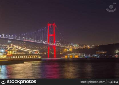Night view of 15 July Martyrs Bridge or unofficially Bosphorus Bridge also called First Bridge over bosphorus in Istanbul,Turkey.03 January 2018. Night view of 15 July Martyrs Bridge