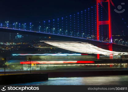 Night view of 15 July Martyrs Bridge or unofficially Bosphorus Bridge also called First Bridge over bosphorus in Istanbul,Turkey.03 January 2018. Night view of 15 July Martyrs Bridge