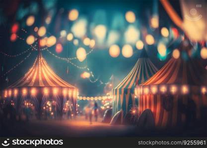 Night view of a circus tents and many light l&s with blurred background. Neural network AI generated art. Night view of a circus tents and many light l&s with blurred background. Neural network AI generated