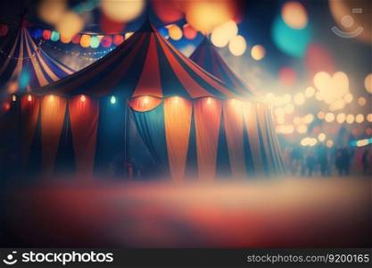 Night view of a circus tents and many light lamps with blurred background. Neural network AI generated art. Night view of a circus tents and many light lamps with blurred background. Neural network AI generated