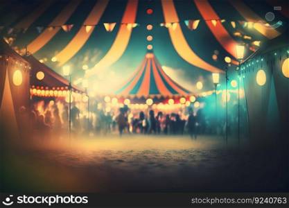 Night view of a circus tents and many light lamps with blurred background. Neural network AI generated art. Night view of a circus tents and many light lamps with blurred background. Neural network AI generated