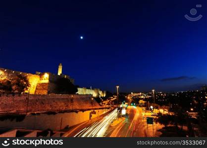 Night View of Ancient Walls Surrounding Old City in Jerusalem