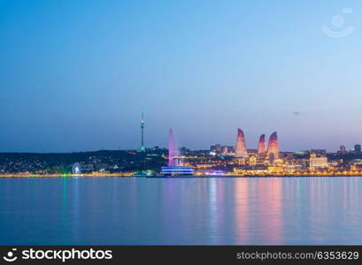 Night view of Baku Azerbaijan during sunset